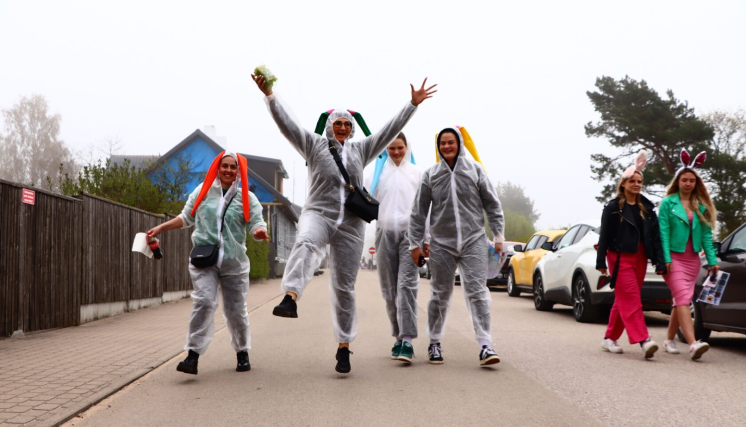 Cilvēku grupa jautrā noskaņojumā iet pa ielu, vairāki valkā caurspīdīgus lietusmēteļus un zaķa ausis.